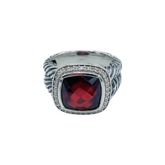David Yurman Sterling Silver 11mm Albion Garnet & Diamonds Ring Size 9 - Picture 2 of 4